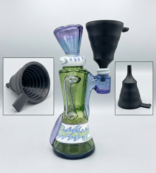 Glass device with colorful design and three black funnels on a white background